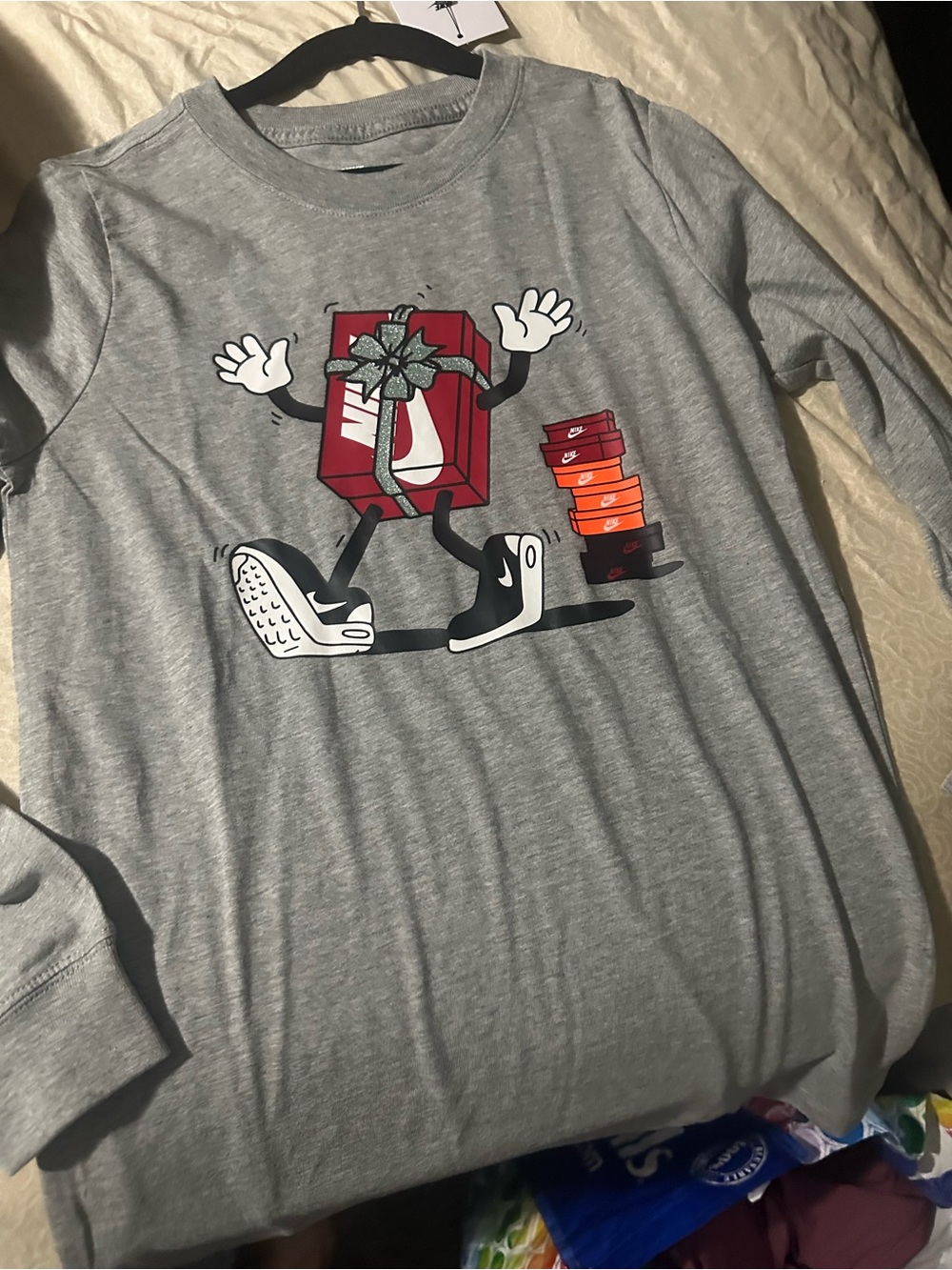 Nike Kids Grey Long-Sleeve Tee with Red Shoe Box Graphic